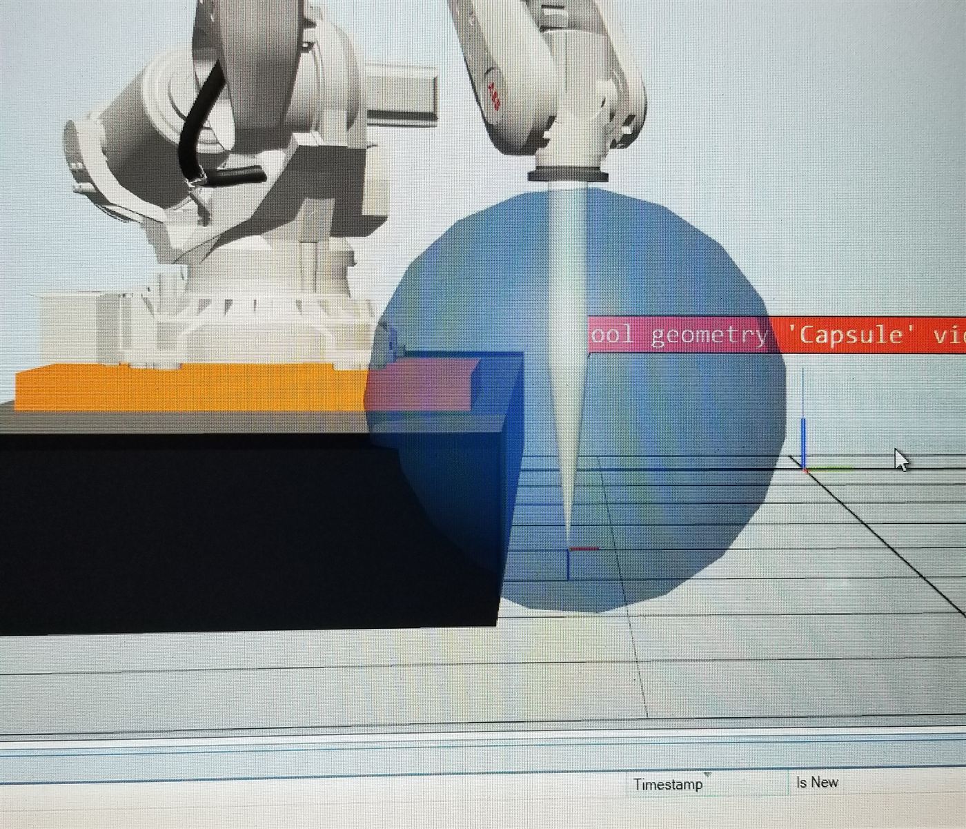 ABB RobotStudio simulation showing a robot and tool geometry